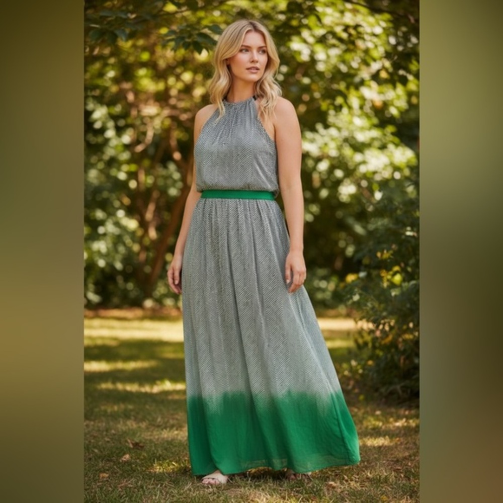 Green Ombre Halter Chiffon Maxi Dress Boho Wedding Guest Resort Vacation